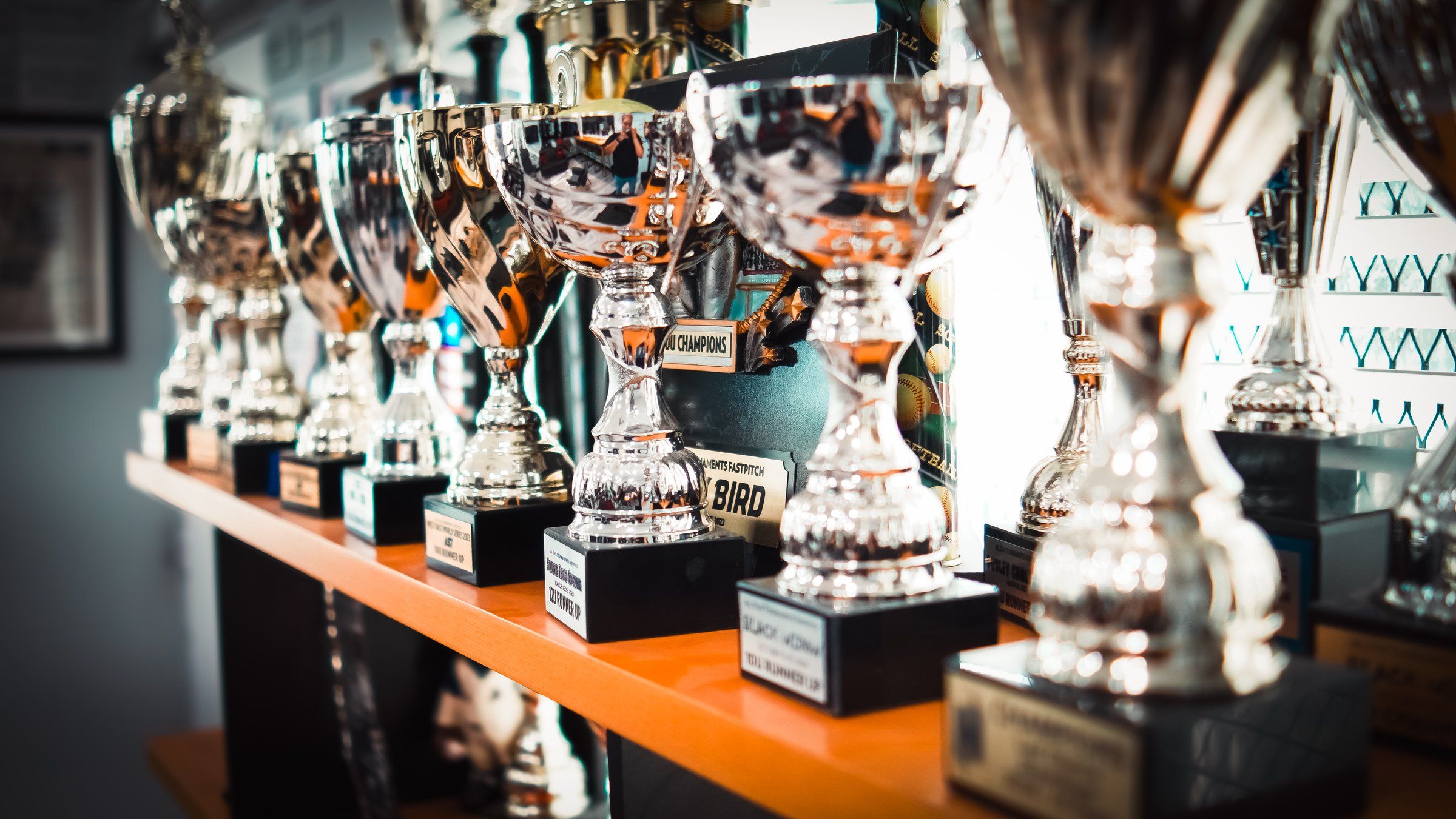 A shelf of Admirals tournament championship trophies at The ACE in Vacaville
